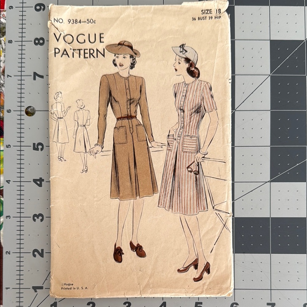 Vogue 9384 Vintage 1940s “Easy-to-Make” One-Piece Dress Pattern Size 18 Bust 36